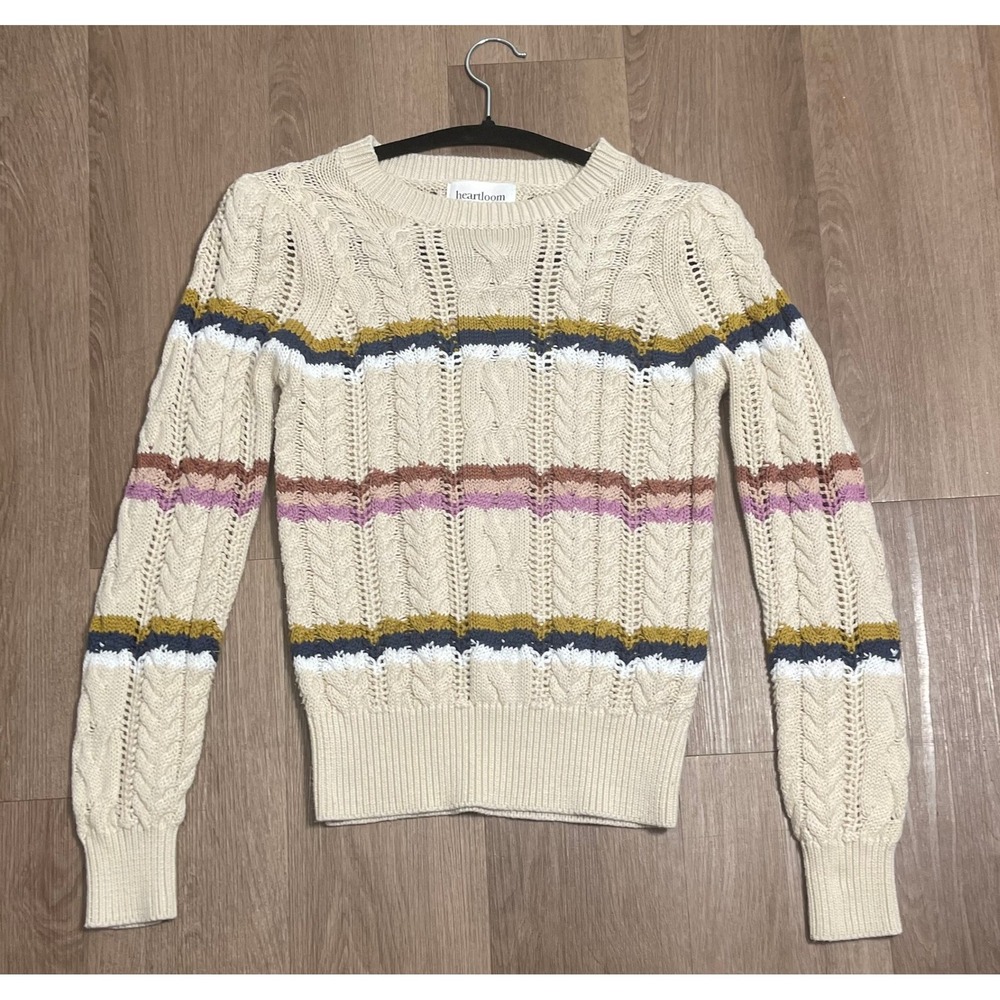 Heartloom Cream Multicolor Small Cable Knit Striped Pullover Sweater Chic‎ Cozy